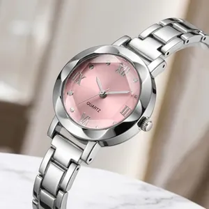 Detailed macro view of a silver ladies' watch with a pink dial and waterproof ring