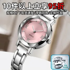 Detailed macro view of a silver ladies' watch with a pink dial and waterproof ring