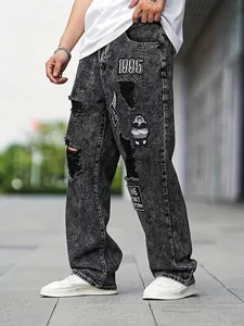 Men Retro Washed Black Denim Jeans Distressed Ripped Streetwear Loose Straight Pants With Embroidered Patches For Casual Wear