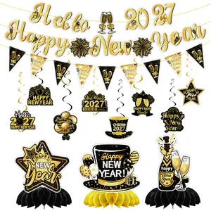 2027 Bonne Année Décorations de Fête Noir Or Bannière Spirales Suspendues Centres de Table en Nid d'Abeille Articles de Fête