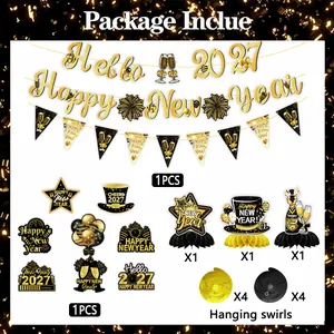 Kit complet de décoration de fête Nouvel An 2027 avec bannières or et noir et spirales