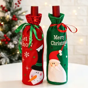 Housse De Bouteille De Vin De Noël Feutre Tissu Non Tissé Avec Paillettes Motif Père Noël Bonhomme De Neige Décor