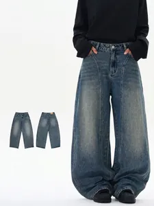 Jeans pour Hommes American High Street Jambe Large Vintage Délavé Usé Jambe Courbée Denim de Coton Large Droit Pantalon Jeunesse