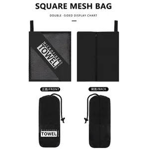 Detailed double-sided view of a black square mesh storage bag for microfiber towels