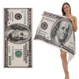 High detail view of the realistic 100 US Dollar print on microfiber beach towel