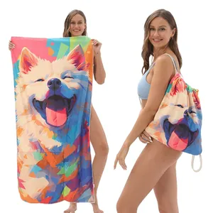 Large microfiber beach towel with colorful dog print and matching drawstring bag
