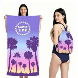 Oversized microfiber beach towel and matching drawstring bag with summer print
