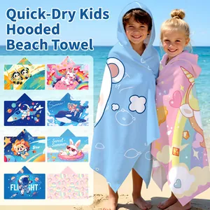 Quick-dry microfiber hooded beach towel for kids with various cartoon prints