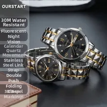 Close-up of elegant two-tone stainless steel couple watches with black roman dial