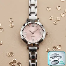 Elegant silver lady's watch with pink Roman numeral dial and waterproof seal detail