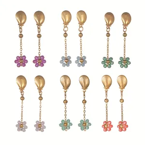 Stainless Steel Flower Shell Long Drop Earrings Colorful Beaded Crystal Summer Beach Vacation Jewelry For Women Gift
