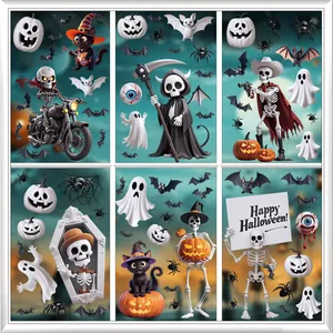 Halloween window stickers featuring 3D cartoon skeletons, ghosts, and pumpkins decals