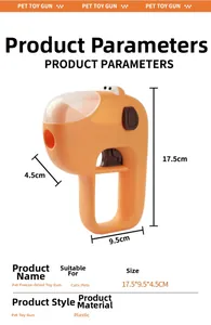 Detail of orange pet treat launcher gun with product dimensions and specifications