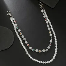 Detailed view of double-layer hip-hop waist chain with pearls and colorful pendants