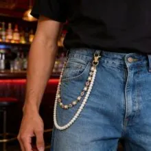 Double-layered hip hop punk waist chain for men with white pearls and metal links