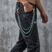 Punk style double-layer metal waist chain for men featuring sky blue turquoise beads