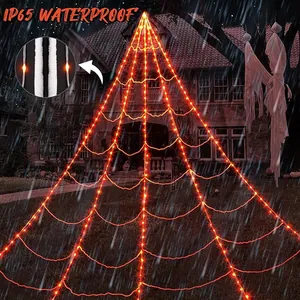 Orange LED Halloween triangular spider web with IP65 waterproof rating for outdoor decor