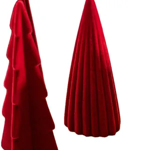 Set of 2 red flocked ceramic Christmas trees for festive tabletop home office decoration