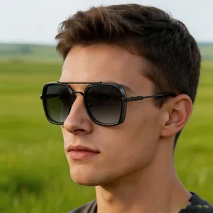 Retro double bridge square sunglasses for men worn by a model in outdoor setting