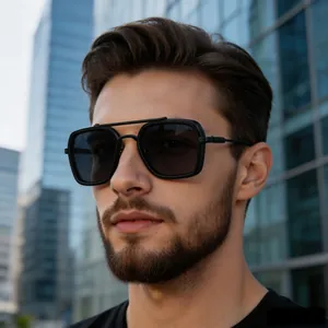 Close-up of stylish men wearing retro double bridge square sunglasses in the city