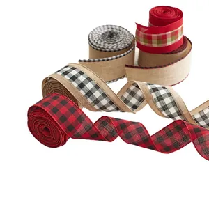 Assorted Christmas burlap ribbons with red and black plaid patterns for DIY crafts