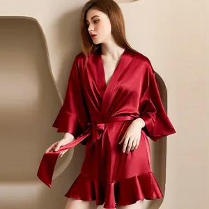 Damen Satin Nachthemd Kurz Nachtwäsche Mit Rüschen Glockenärmel V-Ausschnitt Morgenmantel Mit Gürtel Braut Party Kimono Bademantel