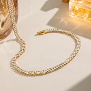 Elegant 18K gold plated stainless steel tennis necklace with baguette-cut zircons