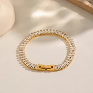 Elegant 18K gold plated stainless steel bracelet featuring baguette-cut cubic zirconia