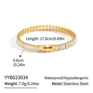 Detailed view of elegant square zircon stainless steel gold bracelet with measurements
