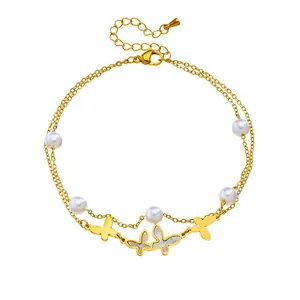 Elegant gold-plated double-layer anklet featuring butterfly charms and white pearls