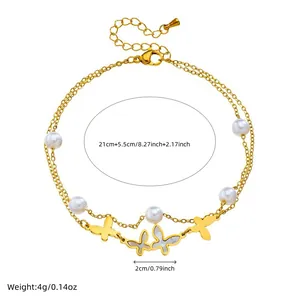 Detailed view of a double-layer gold-plated butterfly anklet with size measurements