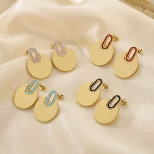 Minimalist gold round disc stainless steel earrings with colorful enamel accents