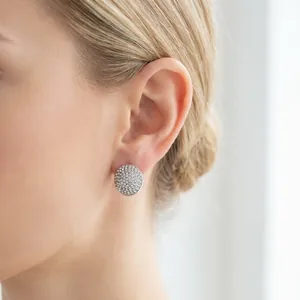 Gros plan d'une boucle d'oreille ovale argentée pavée de strass étincelants.