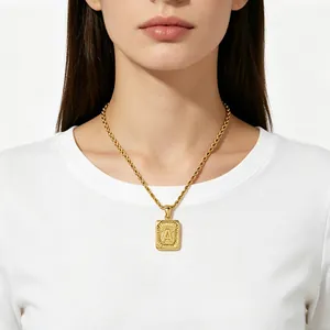 18K gold plated stainless steel initial A square pendant necklace with a rope chain
