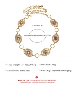 Élégante ceinture chaîne de taille dorée en filigrane avec perles, 56+50cm, alliage.