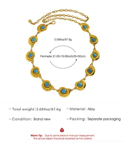 Détails techniques de la ceinture chaîne ethnique en alliage doré avec turquoise.