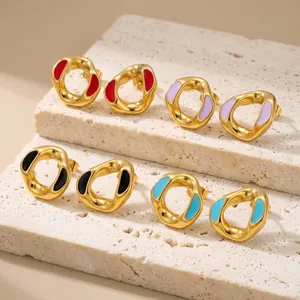 Elegant irregular geometric stainless steel earrings with colorful enamel dripping oil finish