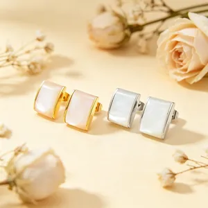Minimalist Stainless Steel Stud Earrings White Mother Of Artificial Pearl Inlaid Geometric Rectangle Fashion Jewelry For Women
