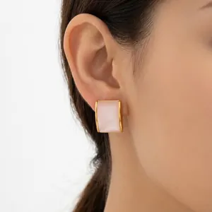 Detailed view of elegant pink shell square earrings in a gold-plated finish