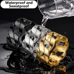 Titanium Steel Ring For Men Cuban Link Chain Hollow Out Gothic Rock Punk Ring Gold Black Steel Color Rhinestone Band Ring Jewelry