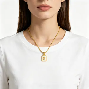 Elegant 18K gold-plated stainless steel square shell necklace with capital letter F pendant