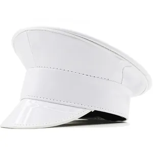 Macro shot of the glossy white synthetic leather finish and stitching on a sailor hat