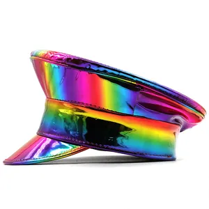 Side view of a metallic rainbow gradient navy cap with shiny patent leather texture