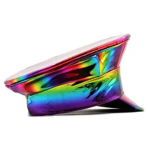 Side view detail of a military cap with colorful rainbow laser metallic finish