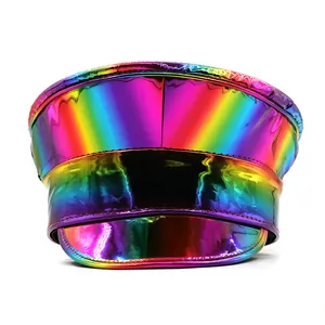Detail of holographic flat top military cap with iridescent rainbow metallic finish