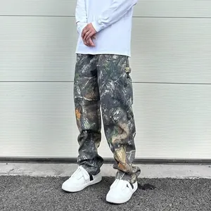 Pantalon Cargo Camouflage High Street pour Hommes Jambe Droite Imprimé Feuilles Coupe Large Pantalon en Denim Utilitaire Casual