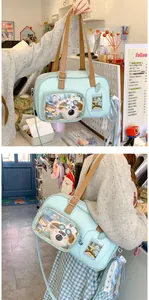 Détail de l'Itabag bleu menthe avec fenêtre transparente, lanières en cuir et boucles
