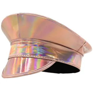 Iridescent laser leather navy flat top cap with wide brim in metallic pink purple hue