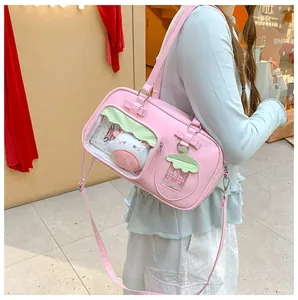 Sac ita en cuir PU rose avec fenêtre transparente pour poupées et breloque fraise
