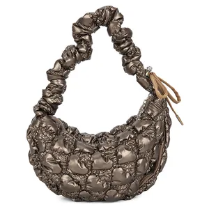 Metallic bronze cloud quilted hobo bag with ruched strap and side bow detail